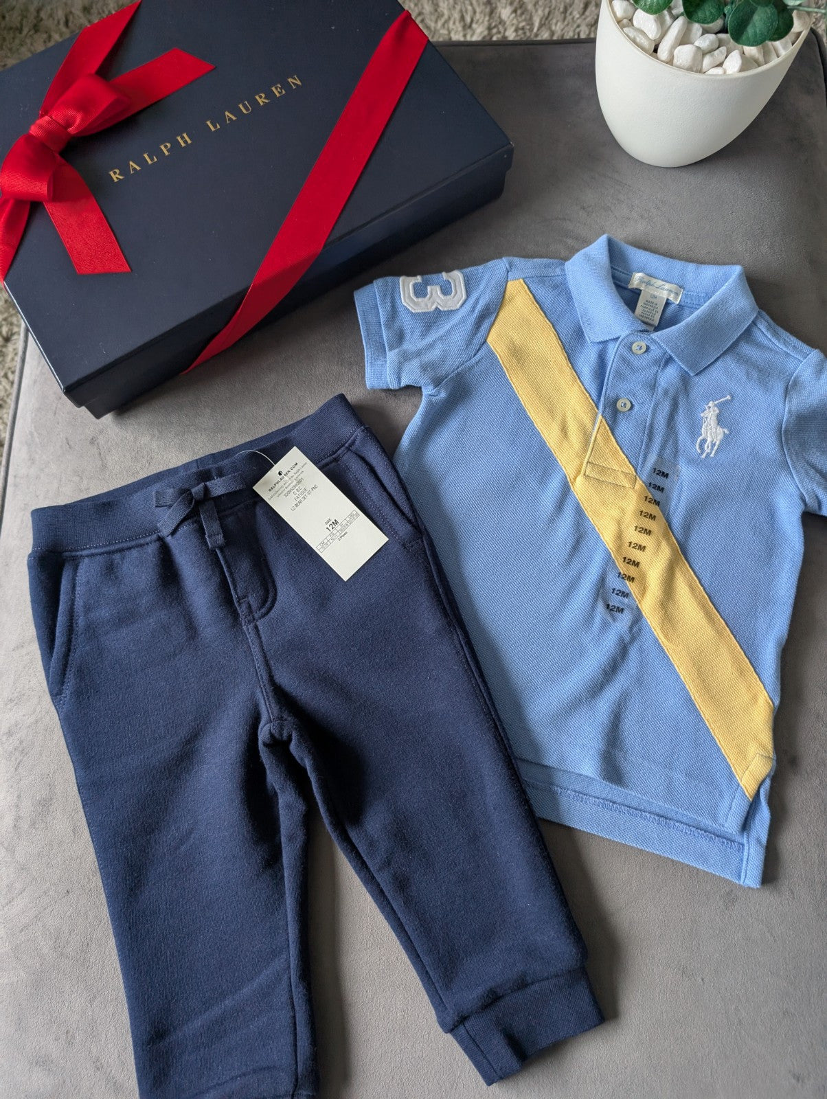 New Ralph Lauren baby boys Navy Blue Polo Jogger Set Tracksuit 12m Smart Casual