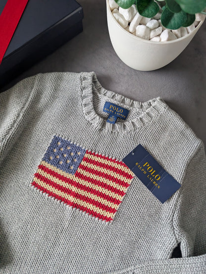 New Polo Ralph Lauren Grey Smart American flag jumper age UK 4-5yr USA Boys Gift