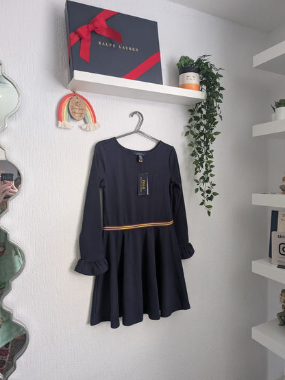 New Stunning Ralph Lauren Girls Ponte Frill Sleeve Navy Dress Belted Gift 8yrs