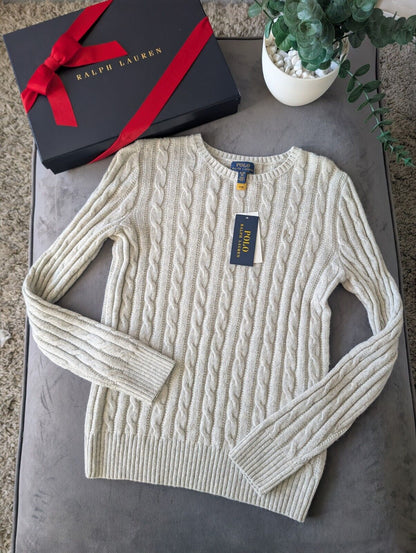 New Polo by Ralph Lauren Cable Knit Jumper Ivory Girls 16y Glitter Sparkle New