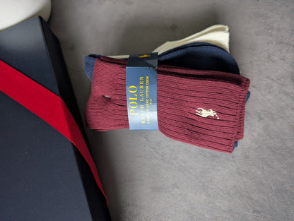 New Unisex Kids Classic Crew Knit ralph lauren socks 9-11 Years Burgundy Navy X3