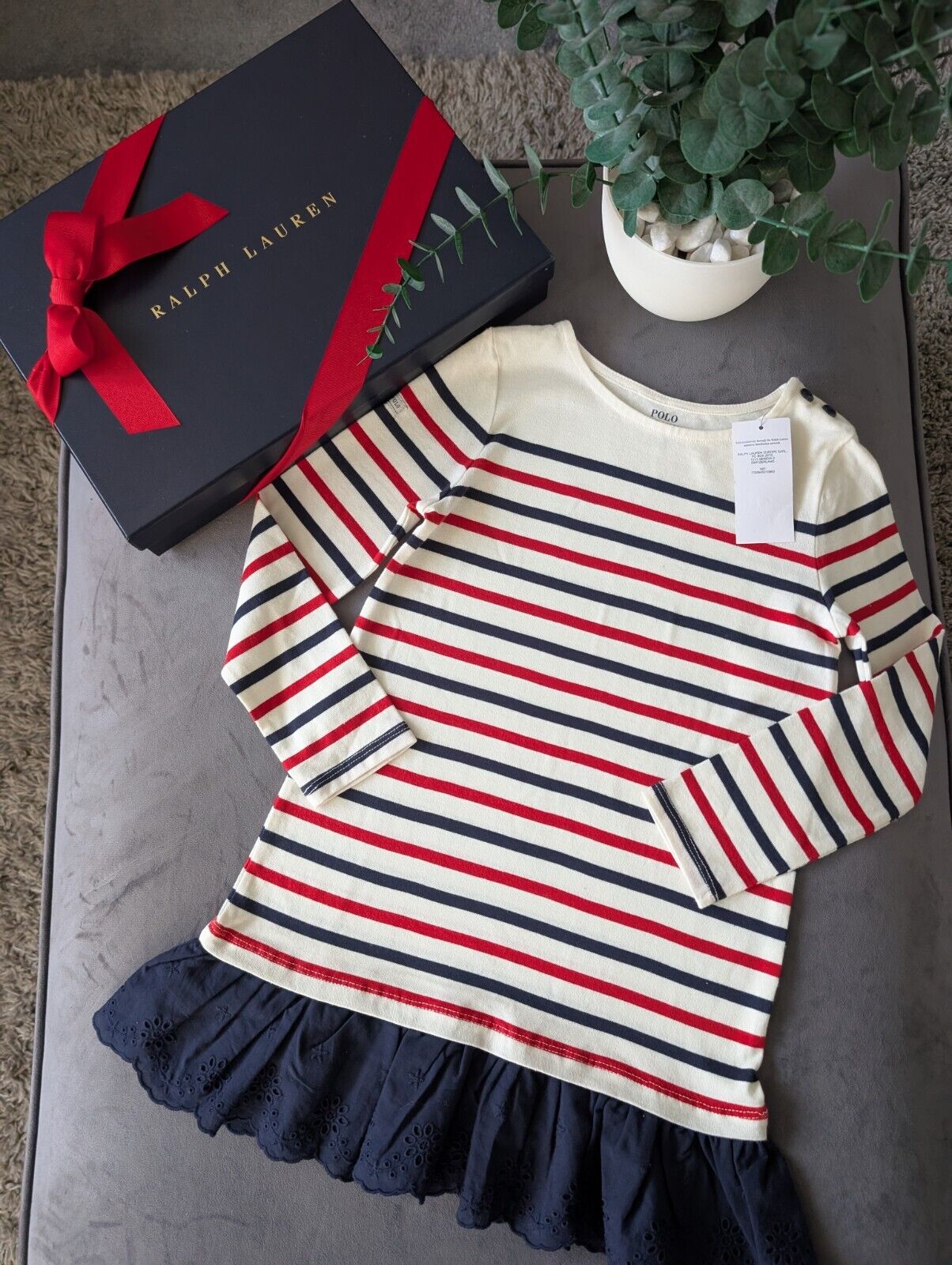 New Ralph Lauren Girls Stripe Navy Red Ivory Dress Embroidered Age 6 Thin Jumper