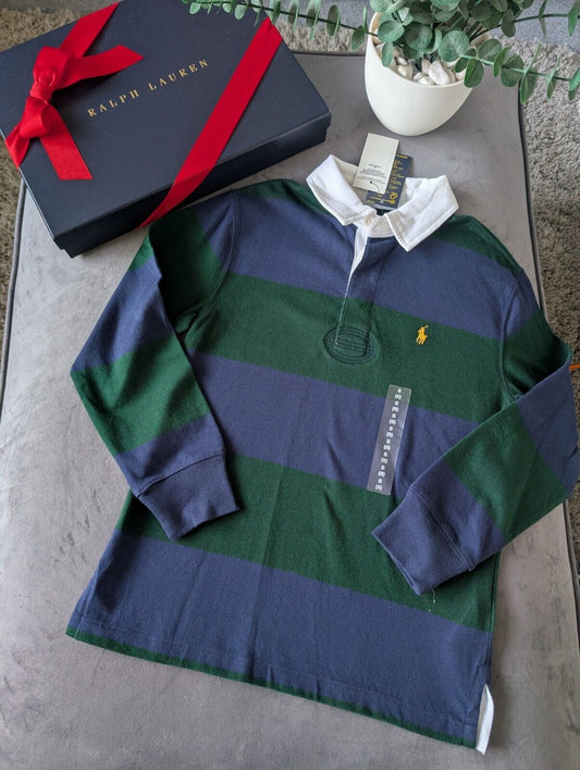 New Ralph Lauren Boys Rugby Style Stripe Long Sleeve Polo Green Navy 8 y Boys