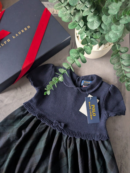 New Ralph Lauren Tartan Plaid Pretty Green Navy Knit Bow Dress Gift 4y Rrp £125