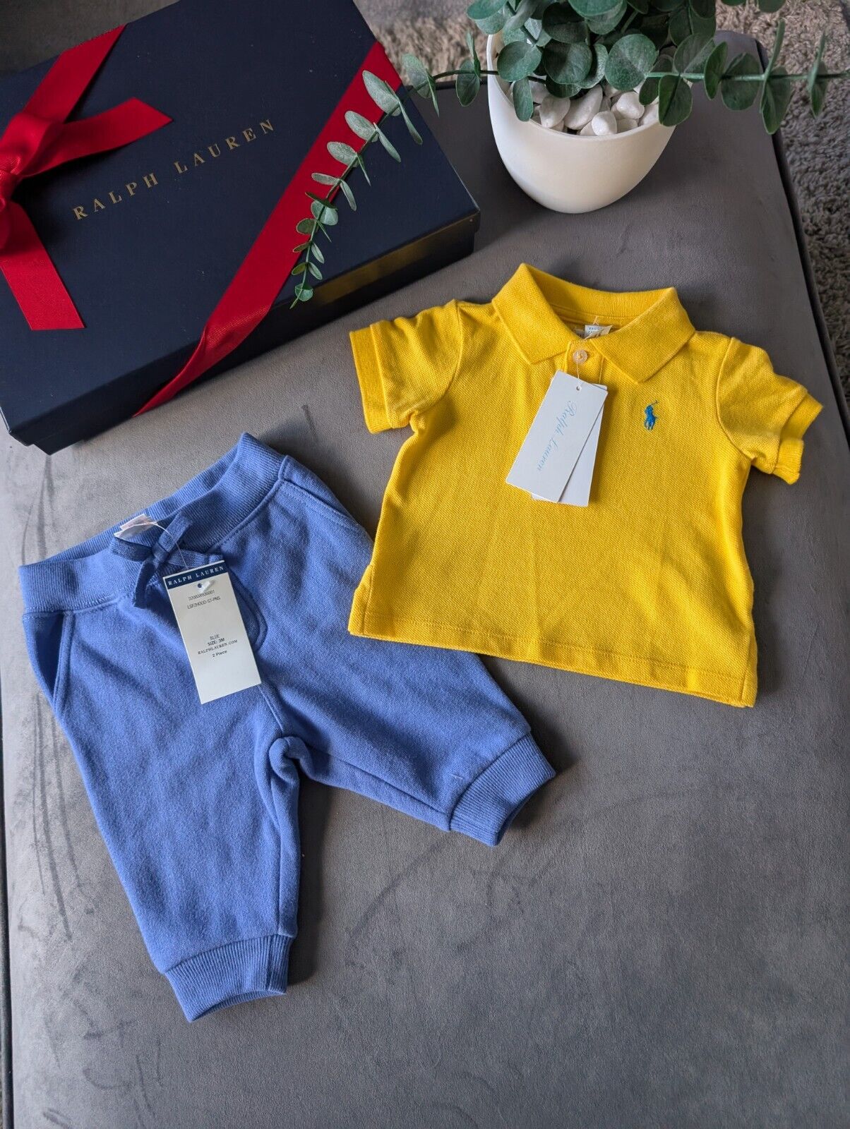 New adorable Ralph Lauren boys Yellow Polo Shirt + blue Jogger set 0-3m Cute