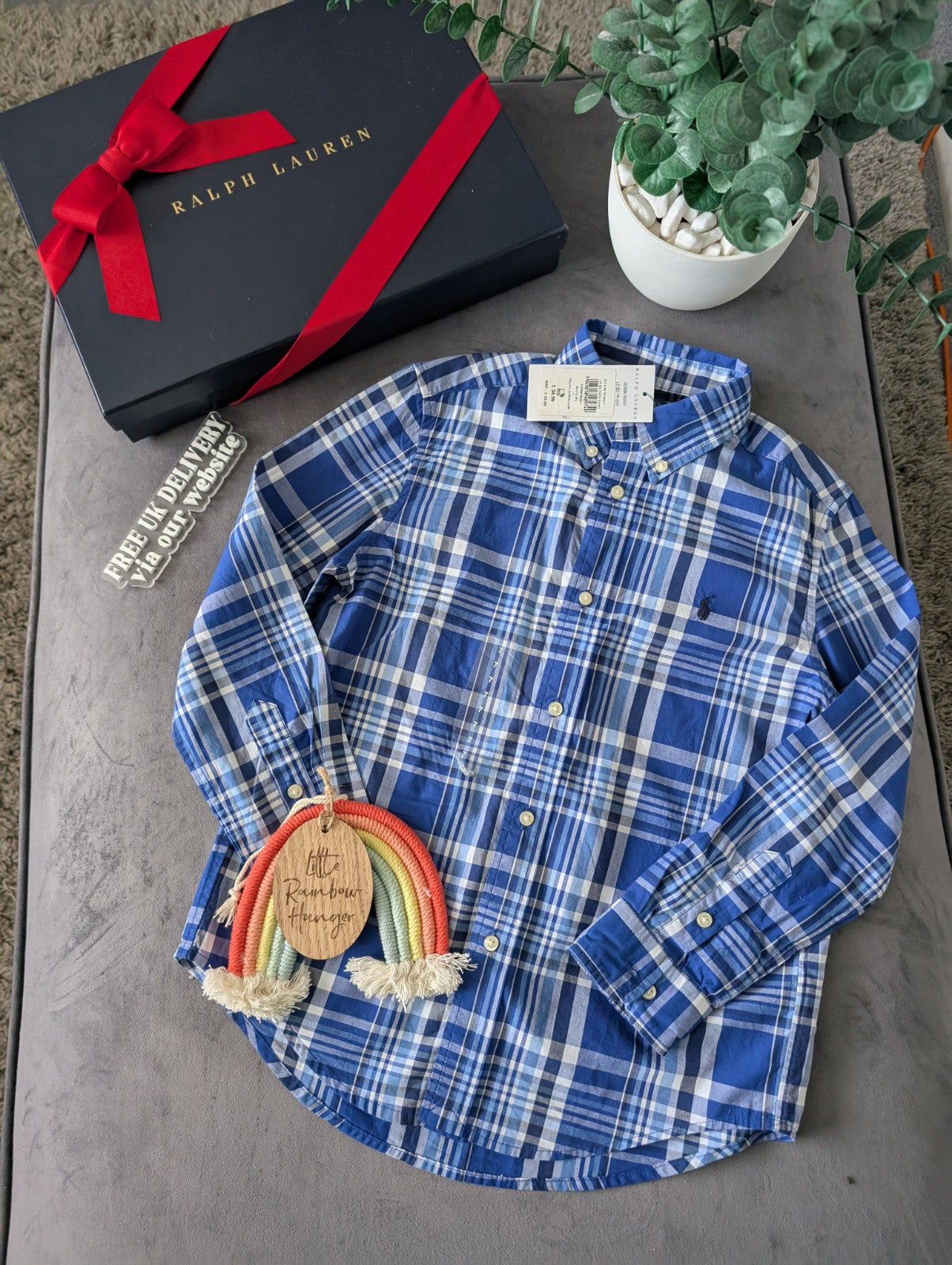 New Ralph Lauren Blue White Check Boys Shirt Smart Occasion Age 7 Yrs Gift