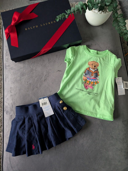 New Ralph Lauren Girls Green Bear T Shirt And Navy Skort Pleated Outfit 12m Gift