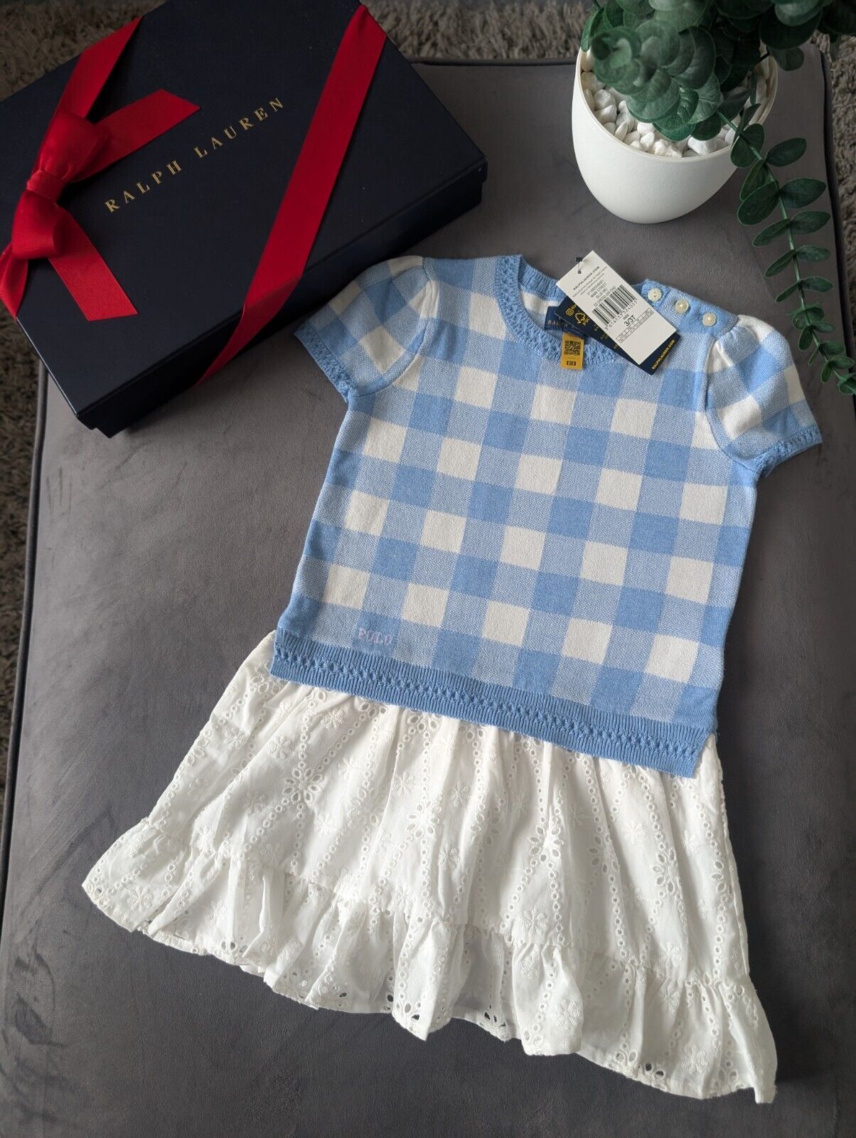 New Ralph Lauren Gorgeous Girls Tartan Jumper Dress Blue Embroidery Anglaise 3y