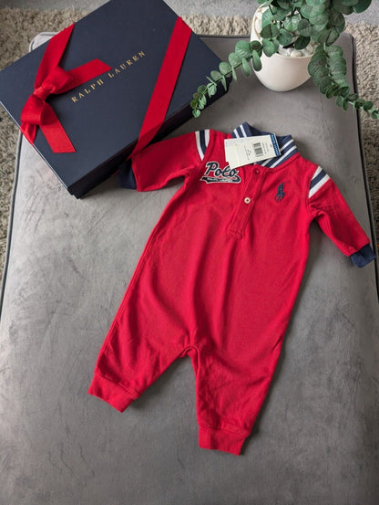 New Adorable Ralph Lauren Boys Navy Stripe Coverall All In One Red Baseball 0-3m