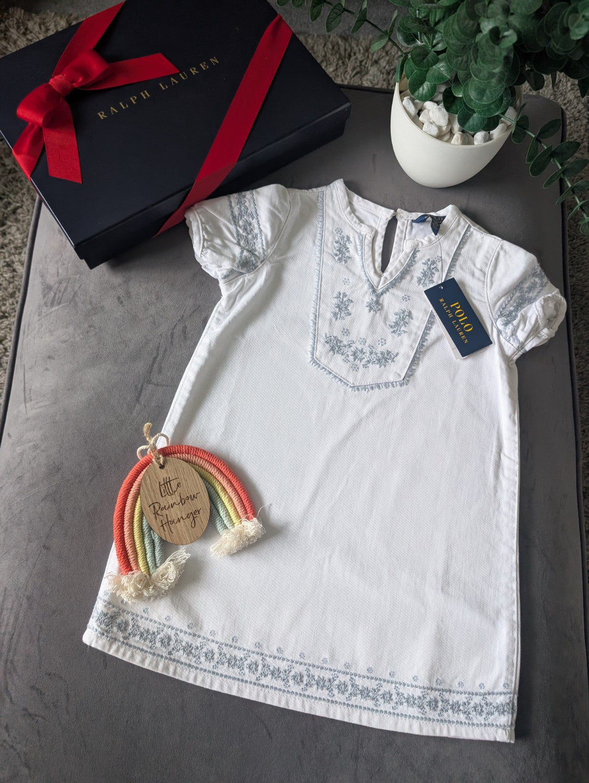 New Ralph Lauren Baby Girls Denim Kaftan Dress White Embroidery Occasion 3-4y