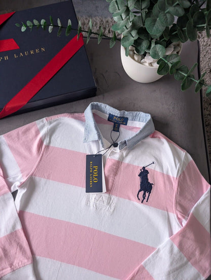 New Ralph Lauren Boys Iconic Pink White Stripe Long Sl Polo Shirt Smart Gift 8y