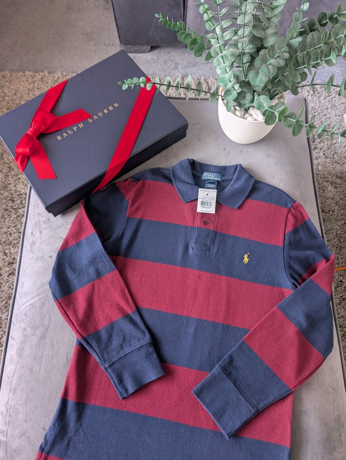 New Ralph Lauren Boys Rugby Style Stripe Long Sleeve Polo Burgundy Navy 10y Boys