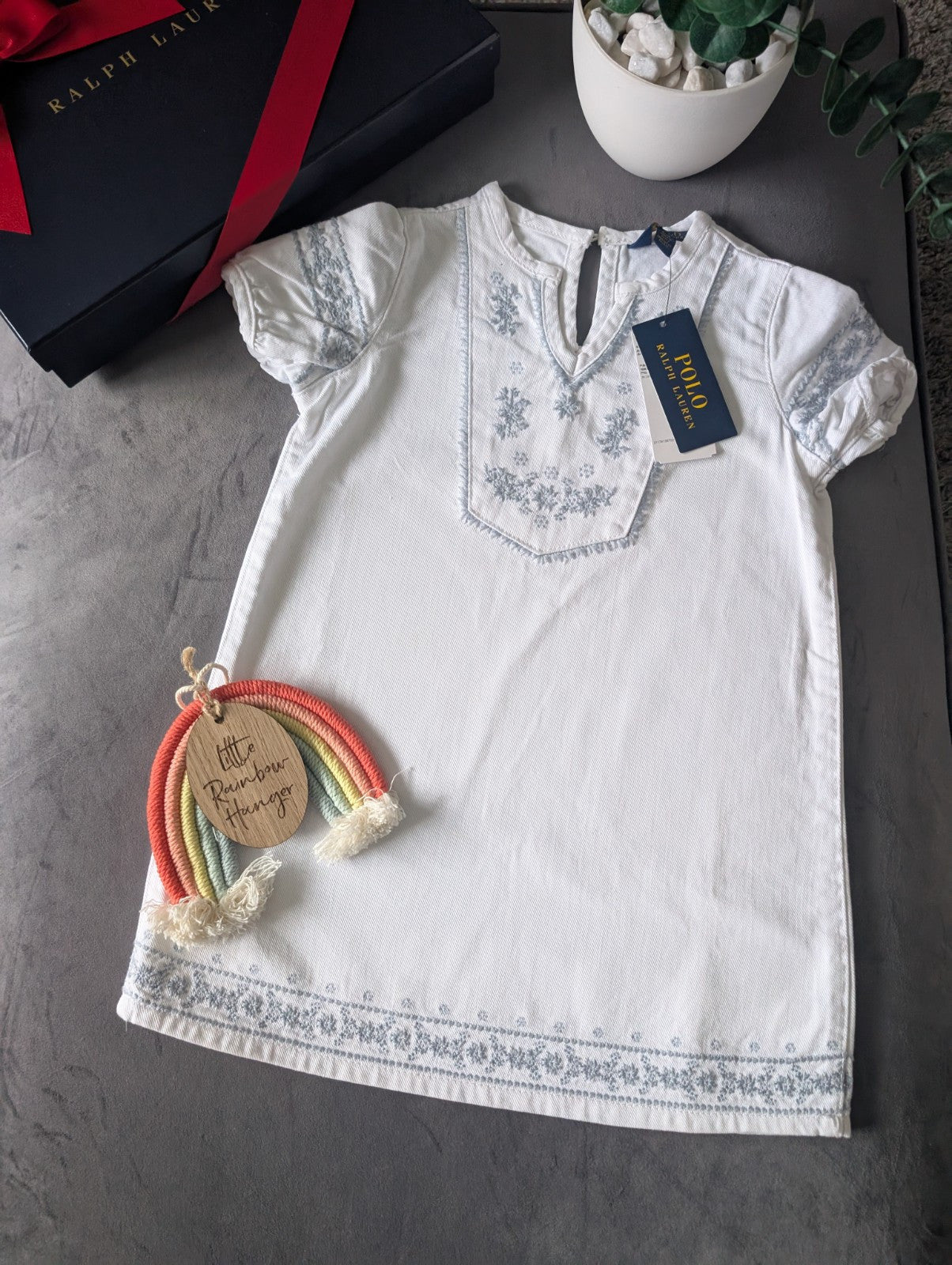 New Ralph Lauren Baby Girls Denim Kaftan Dress White Embroidery Occasion 3-4y