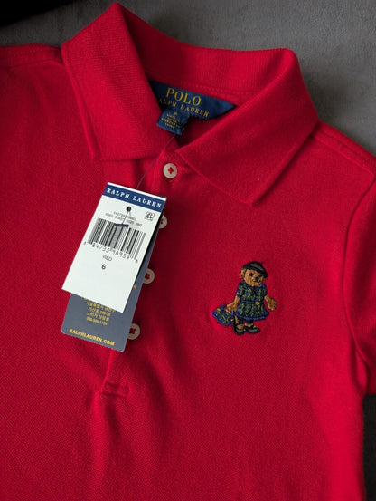 New Ralph Lauren Girls Red Polo Dress Teddy Bear Design Embroider 6y Gift Smart