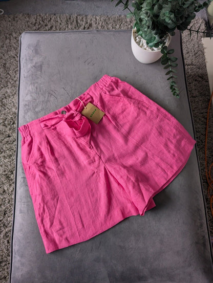 New Women's BODEN 100% Linen Bright Pink Shorts UK 12 Pink Tie Belt Summer