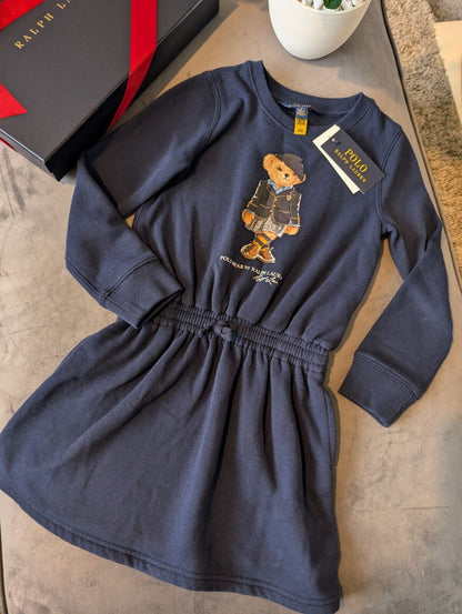 New Ralph Lauren Girls Navy Sweatshirt Dress Bear Lady Pretty Gift 6yrs casual