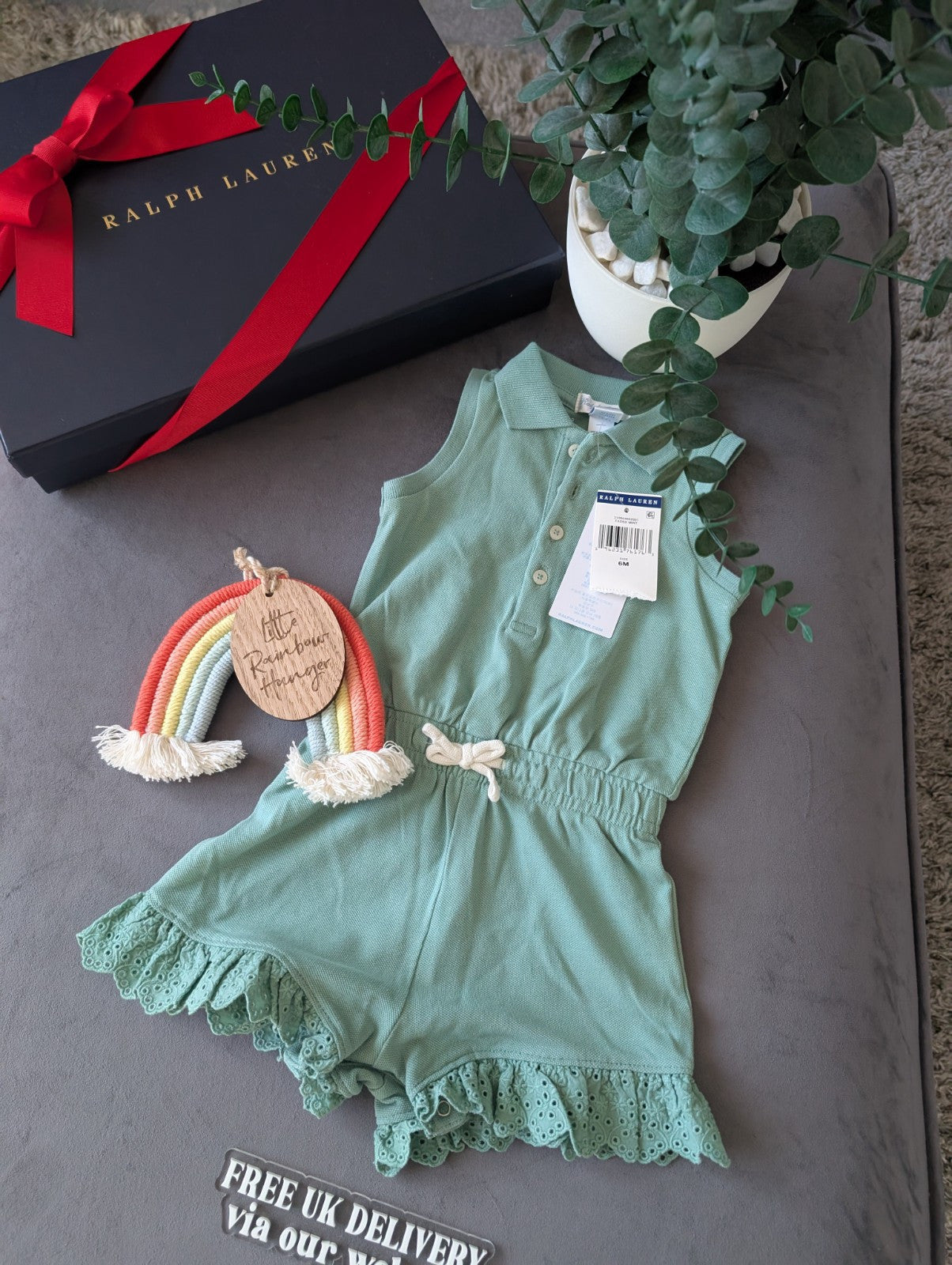 New Ralph Lauren Girls Green Frill Playsuit Gift Pretty 6-9m Summer Beach Gift