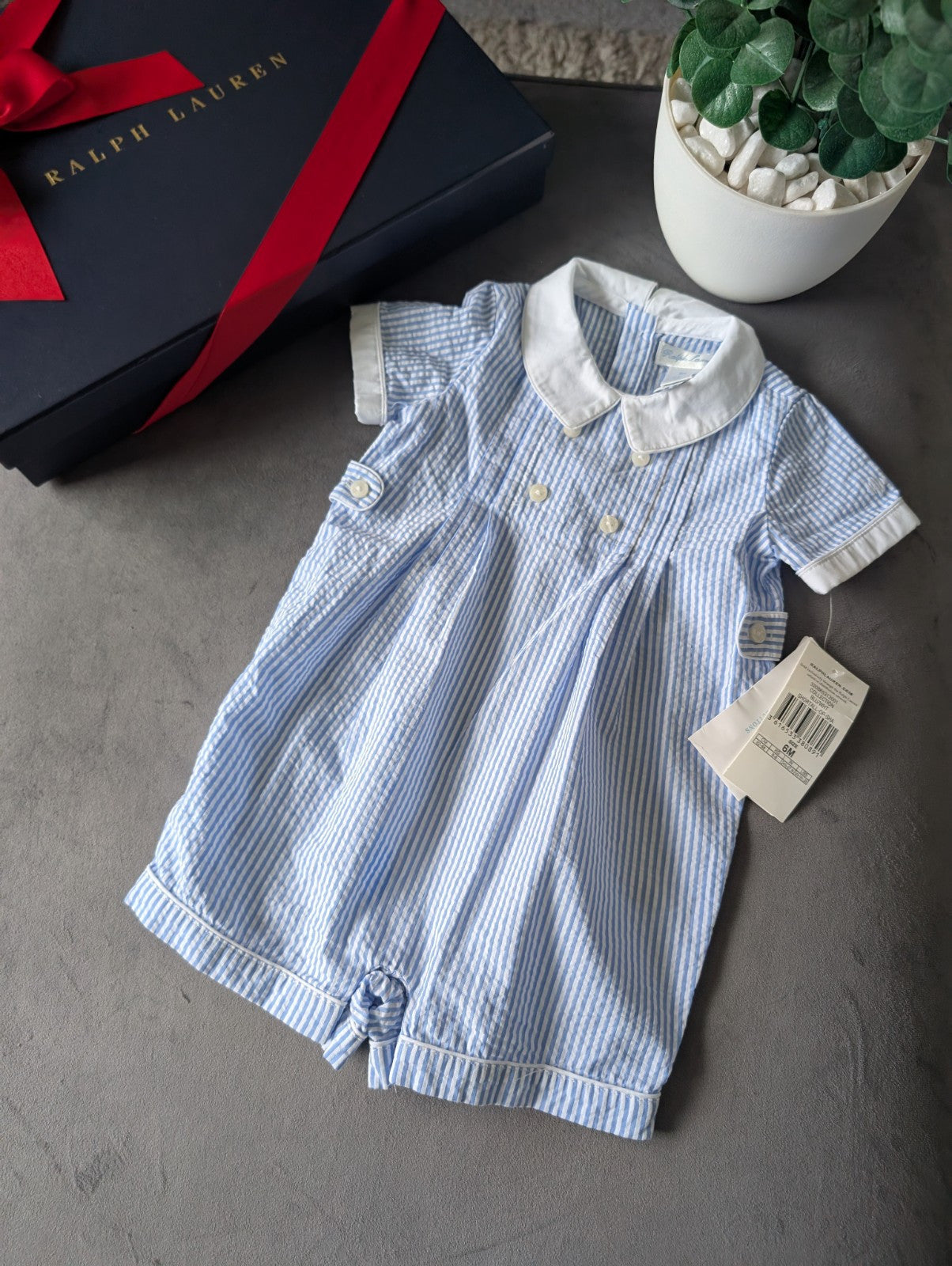 New Ralph Lauren Baby Boy Checked Blue Romper 3-6m Gift Cute Summer Luxury