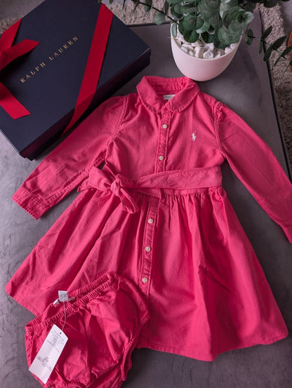 Bnwot Ralph Lauren Polo girls buttoned Oxford Shirt dress Pink Belt 18m Gift