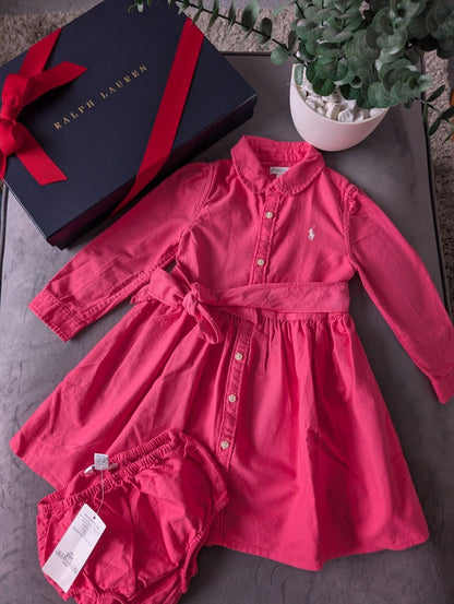 Bnwot Ralph Lauren Polo girls buttoned Oxford Shirt dress Pink Belt 18m Gift