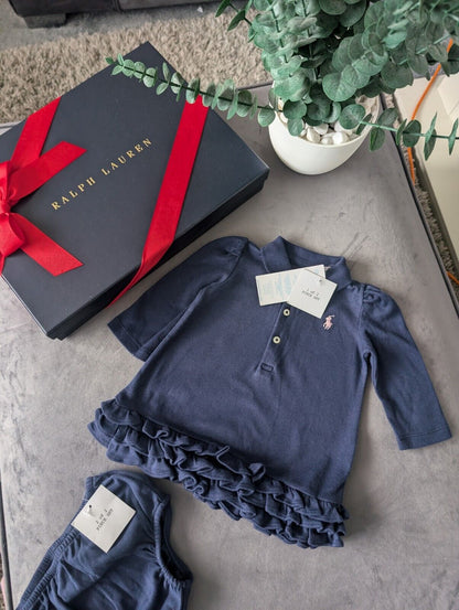 New Ralph Lauren navy long sleeve cupcake polo frill dress + bloomers 0-3m gift