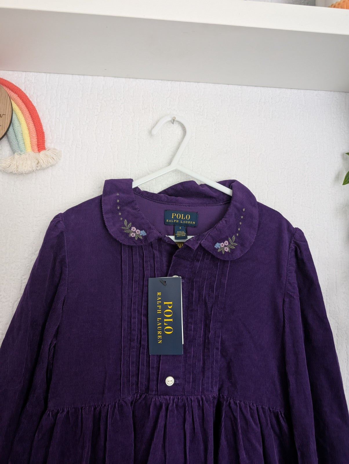 New Stunning Floral Corduroy Shirtdress Ralph Lauren Purple Tiered Smock 6y