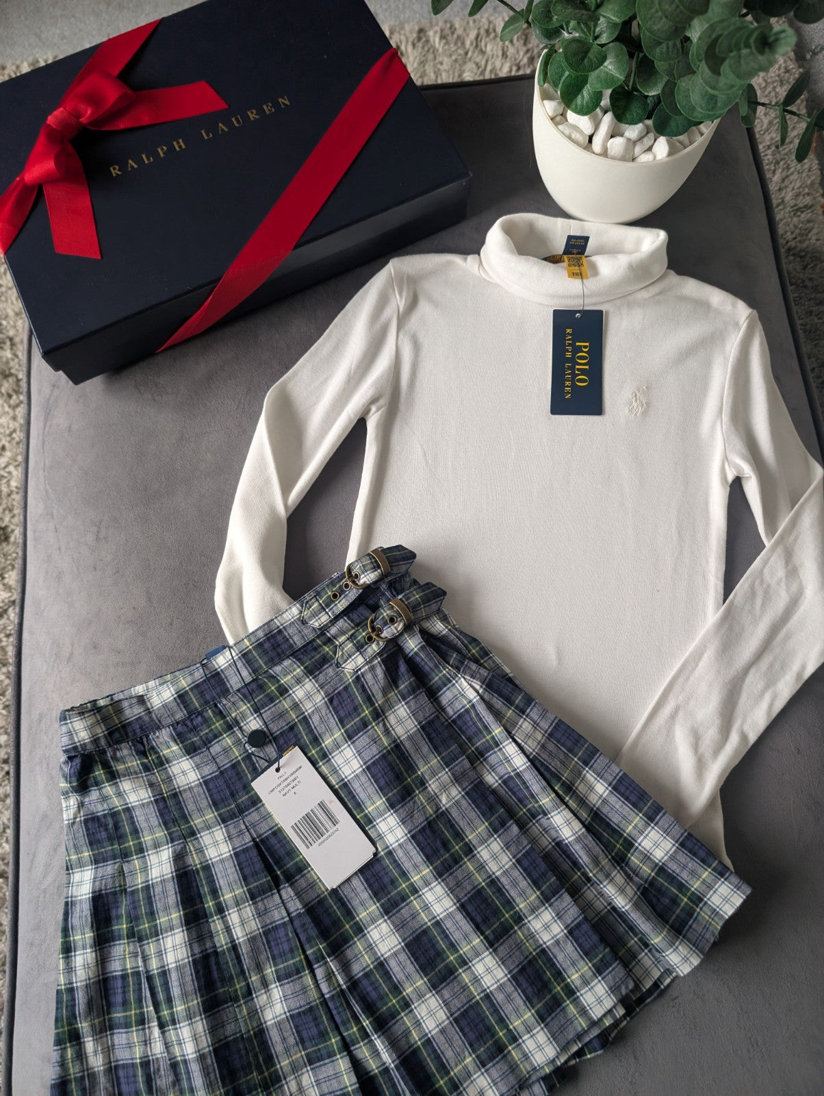 New Ralph Lauren Girls High Neck Ivory Top + Tartan Pleated Skirt Outfit 6y Gift