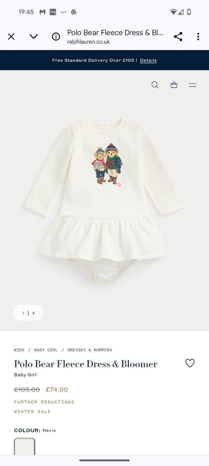 New Ralph Lauren Girls White Sweatshirt Dress Bear Duo Pretty Flare Gift 18mths