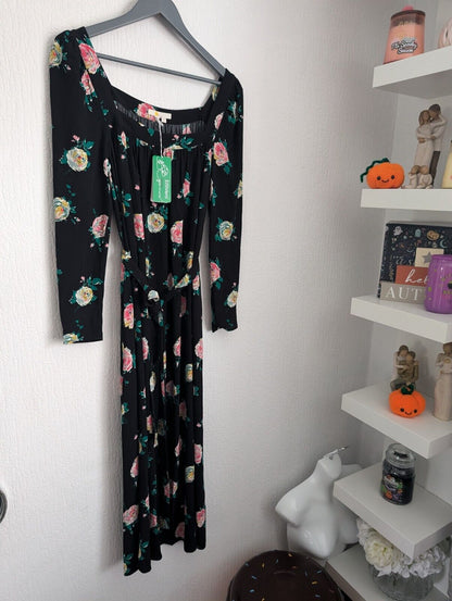 New Boden Square Neck Maxi DressBlack, Painterly Rose Size UK 10 R occasion