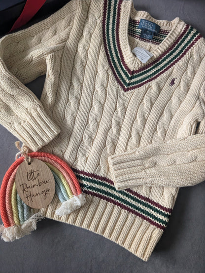 New Boys Ralph Lauren Vintage Ivory Chunky Knit Cricket Jumper Cream Gift 4-5y