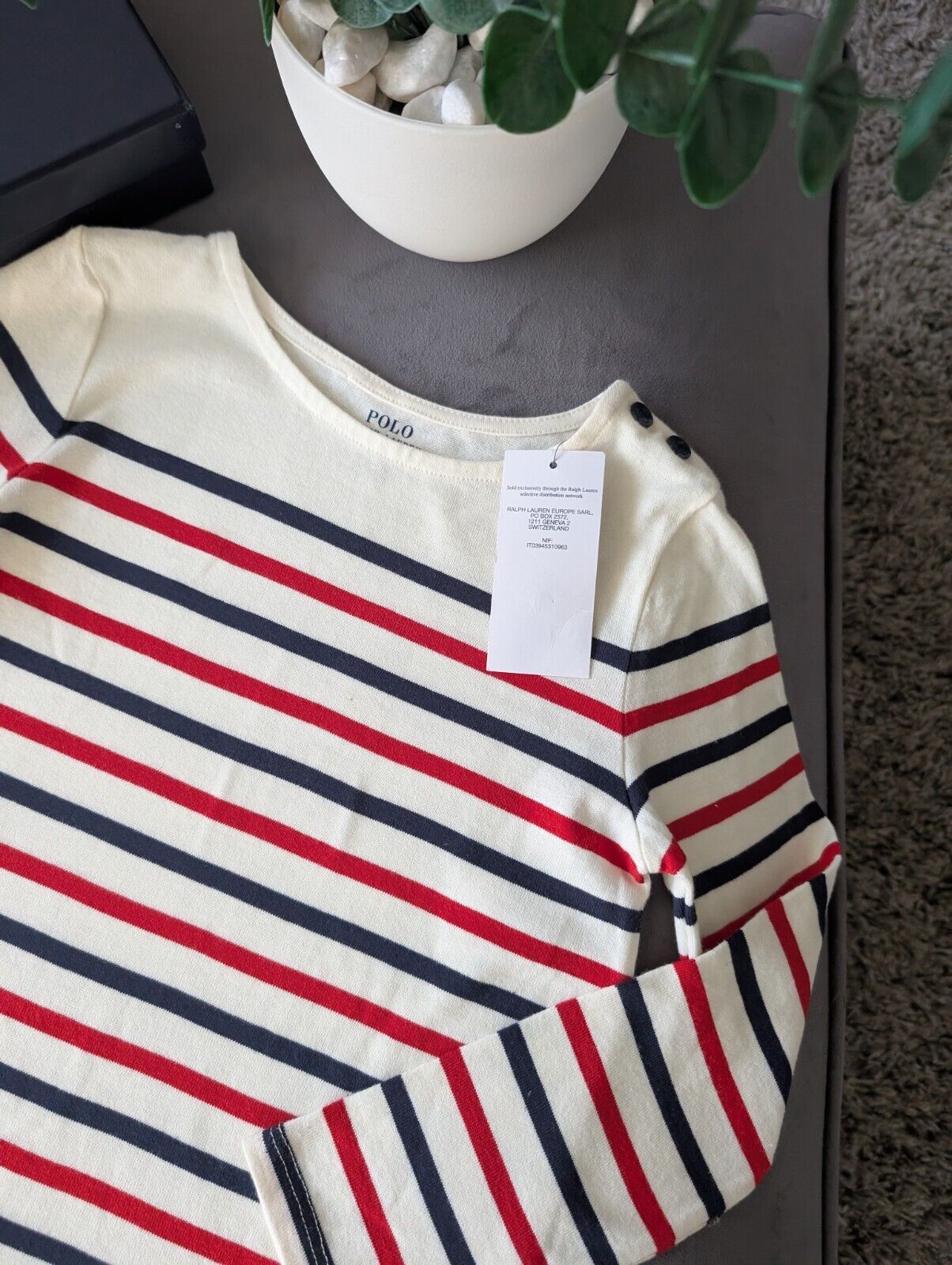 New Ralph Lauren Girls Stripe Navy Red Ivory Dress Embroidered Age 6 Thin Jumper