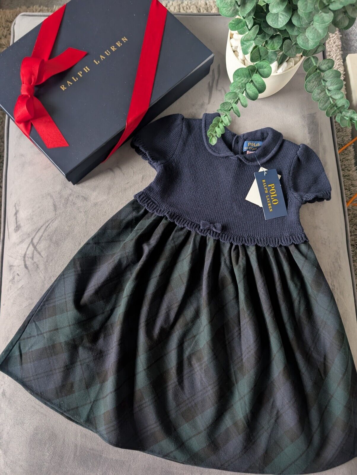 New Ralph Lauren Tartan Plaid Pretty Green Navy Knit Bow Dress Gift 4y Rrp £125