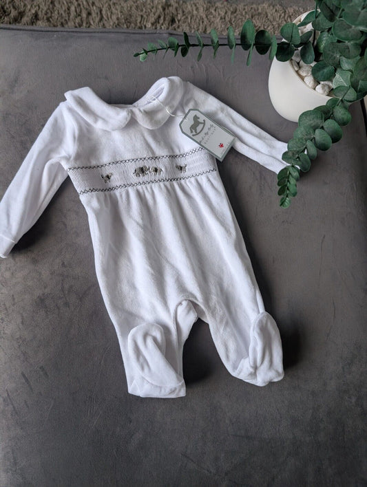 white velour rockabye baby boutique sleepsuit Spanish Style Collar 0-3m Elephant