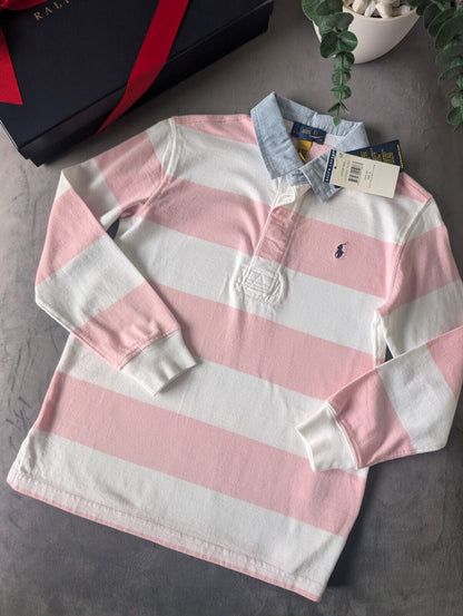 New Ralph Lauren Boys Iconic Pink White Stripe Long Sl Polo Shirt Smart Gift 6y