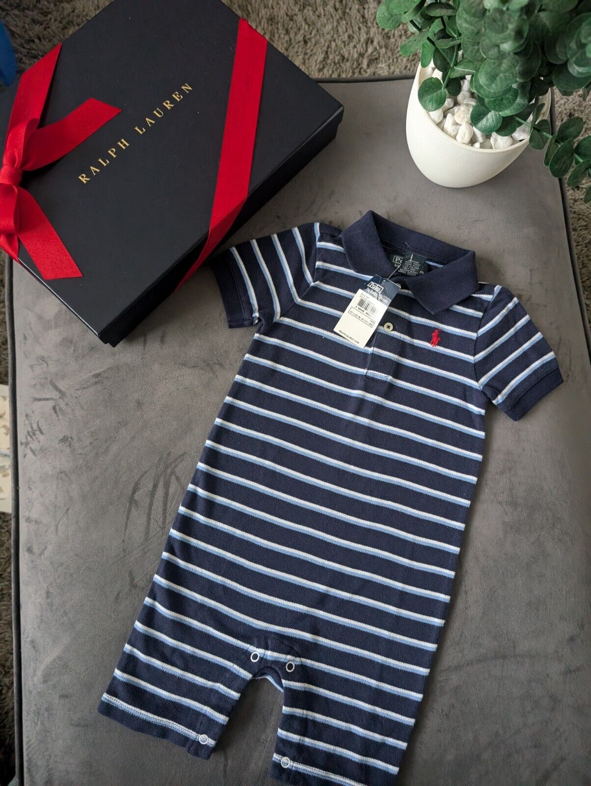 New Ralph Lauren Baby Boy Blue Navy Stripe Romper 12-18m Gift cute summer