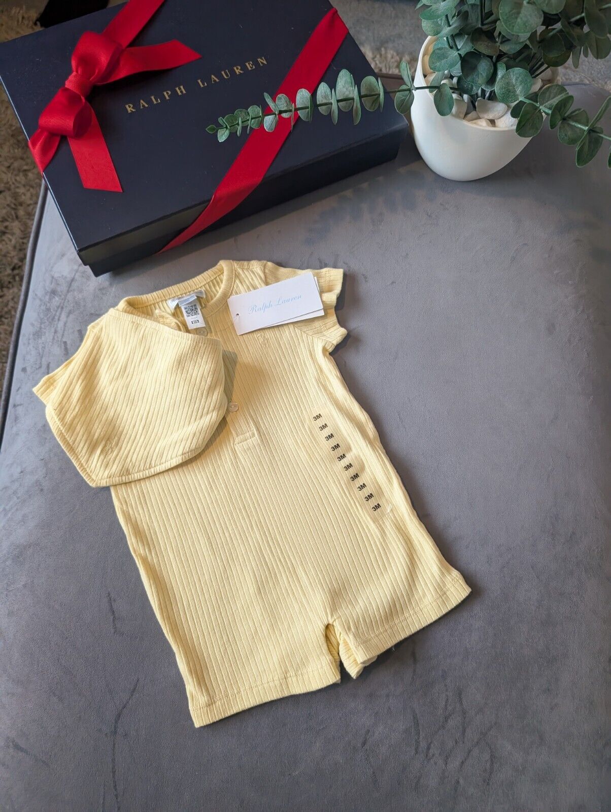 New Ralph Lauren Baby Boy Romper Yellow + Bib Pony Logo Gift New 0-3m  £70