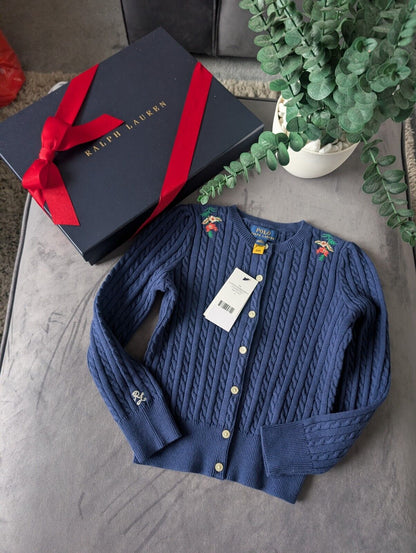 New Ralph Lauren Girls Knitted Cardigan 6 Years Gift Navy Floral Embroidery Cute