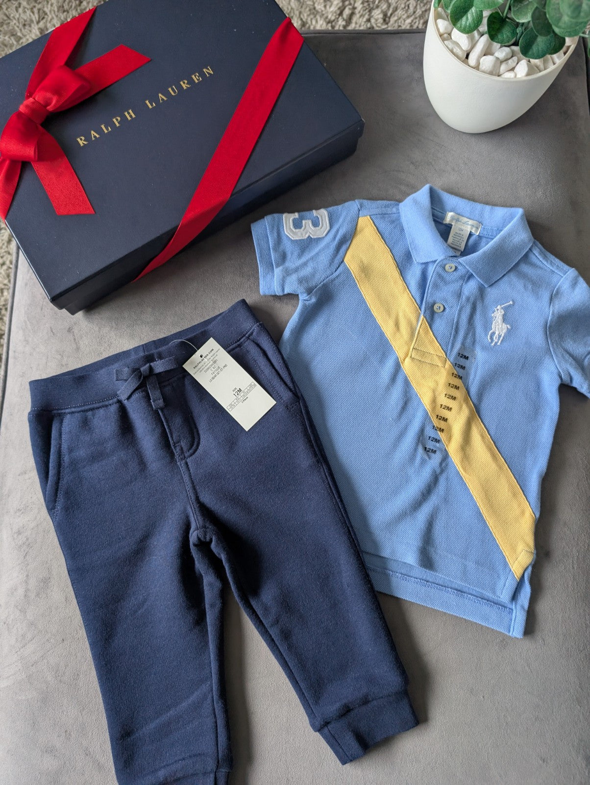 New Ralph Lauren baby boys Navy Blue Polo Jogger Set Tracksuit 12m Smart Casual