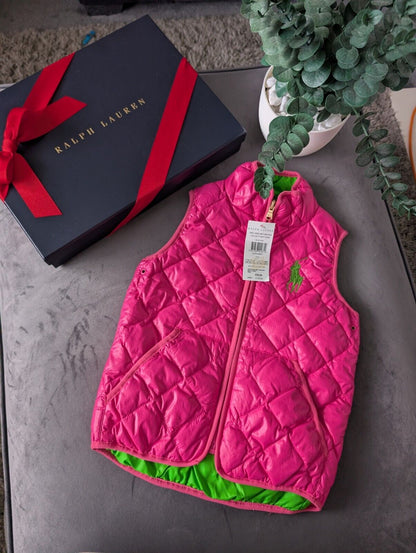 New Ralph Lauren Girls Bright Pink Green Quilted Gilet Bodywarmer Age 5 Gift