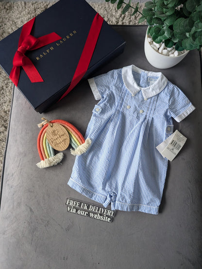 New Ralph Lauren Baby Boy Checked Blue Romper 3-6m Gift Cute Summer Luxury