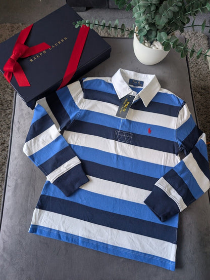 New Ralph Lauren Boys Rugby Style Stripe Long Sleeve Polo Blue White  8y Boys