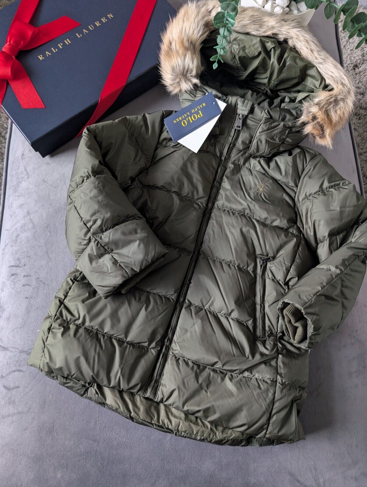 New Feather Down Polo Ralph Lauren Girls Puffer Down Coat Khaki Logo 4yrs  £190