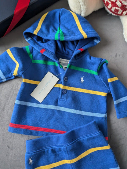 New Ralph Lauren Baby Boy Blue Short And Hoodie Set Gift Stripe Multi 0-3m Cute