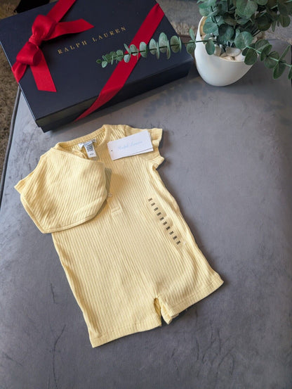 New Ralph Lauren Baby Boy Romper Yellow + Bib Pony Logo Gift New 0-3m  £70