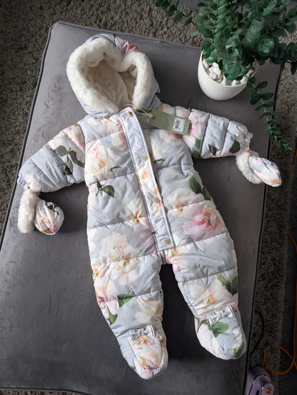 new Baby Girls Ted Baker Fluffy Pink Snowsuit 3-6 Months Zip Up Mittens Faux Fur