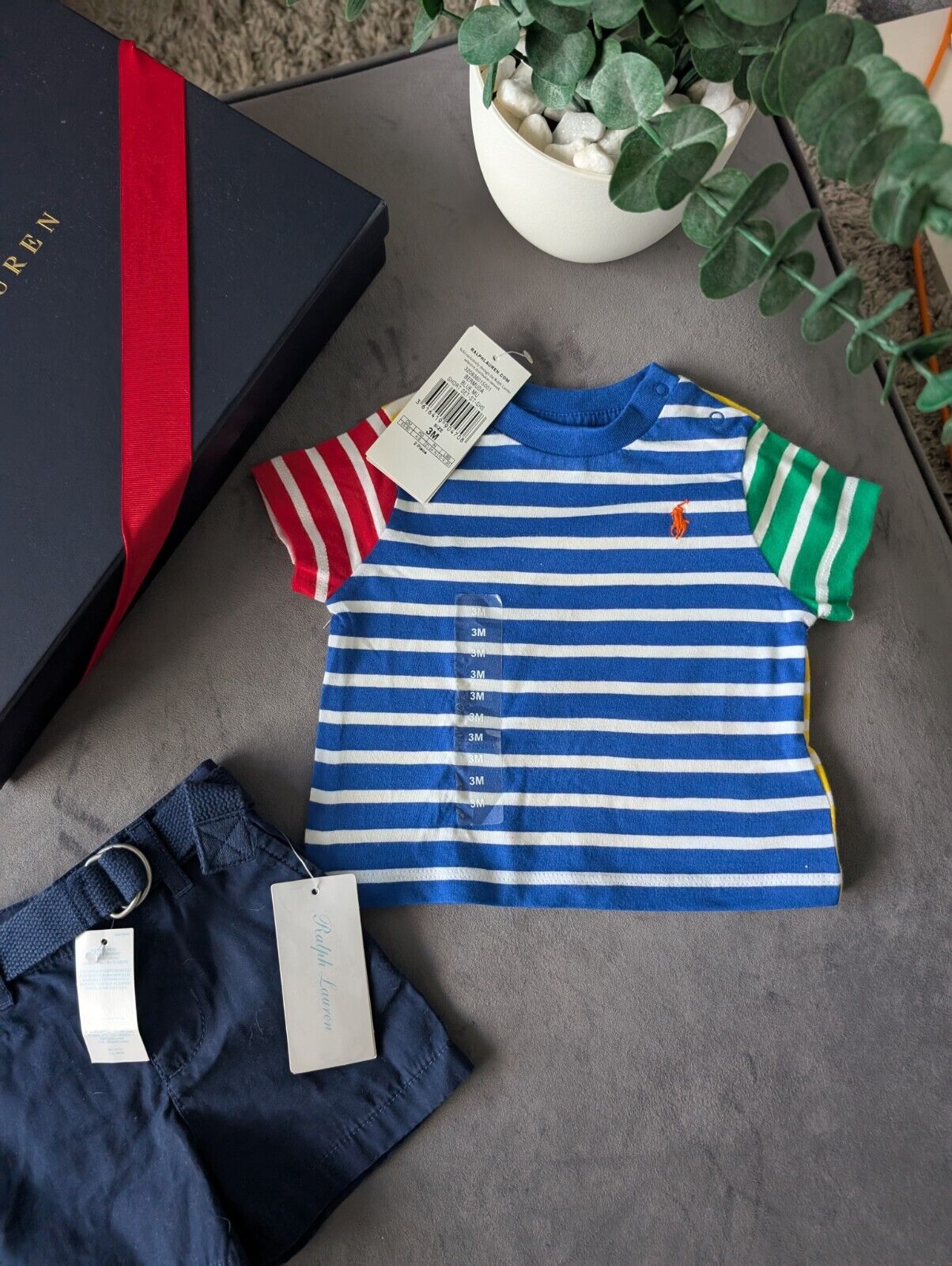 New adorable Ralph Lauren boys Stripe t  shirt + navy blue short set 0-3m gift