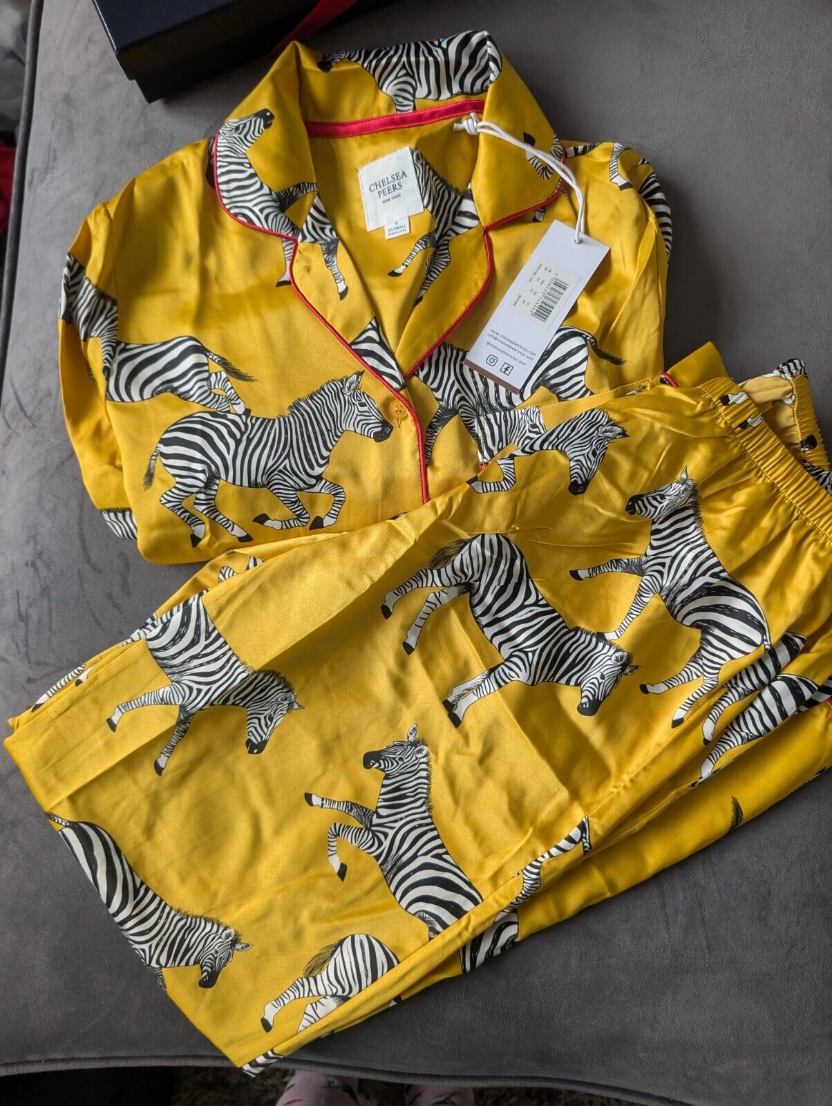 New Chelsea Peers Jacquard Yellow Zebra Print Long Sleeve Pyjama Set Size 6 Xxs