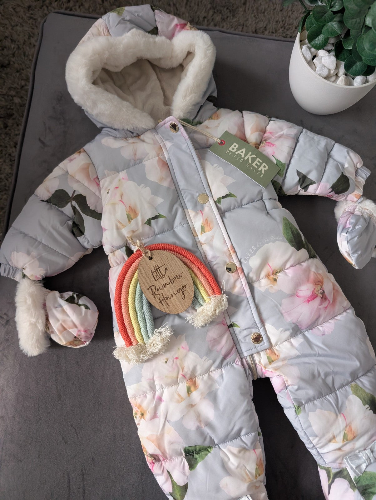 new Baby Girls Ted Baker Fluffy Pink Snowsuit 3-6 Months Zip Up Mittens Faux Fur