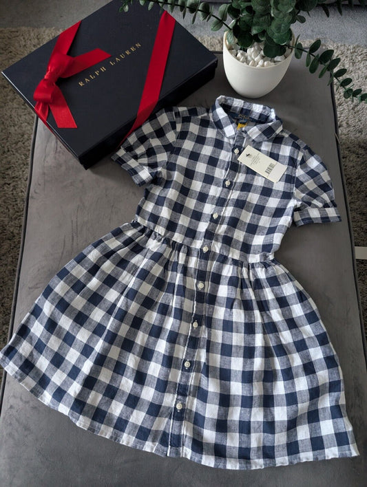 New Ralph Lauren Girls Gingham Navy White Check Dress Occasion Gift 6yr Pretty