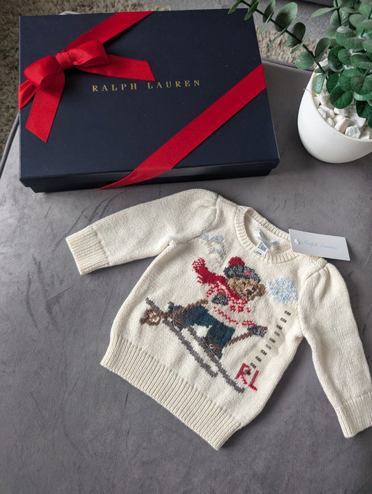 New Adorable Ralph Lauren Baby Girls Bear Ivory Jumper Gift Rrp £120 3-6m  Ski